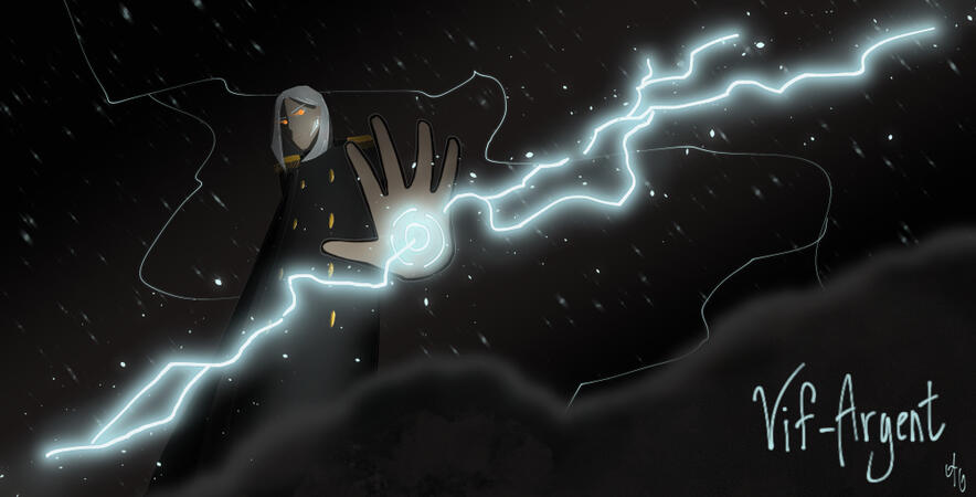 Un homme aux cheveux argentés et aux yeux oranges (Yenevi Mato'oda an Caldazar) invoquant une légendaire lance de foudre (Qiwu) tranchant l'atmosphère, et la chargeant d'électricité. Il porte un manteau d'officier noir aux boutons et épaulettes dorées, se