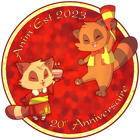 Design utilisé sur le merch d'Anim'Est 2023. La balance des couleurs prend en compte la couleur beige de la plupart des items sur lequel le visuel allait être appliqué.