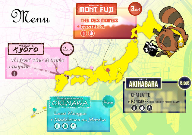 Carte du Maid Café faite selon les conditions de la responsable Maid à l'époque. Quatre villes ou quartiers, toutes représentées par une couleur différente : jaune, bleu turquoise, marron et rose.